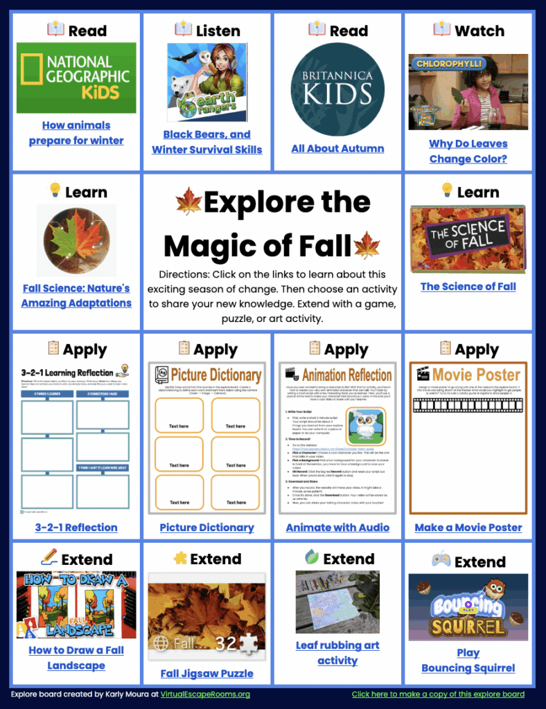 A screenshot of an educational resource board titled "Explore the Magic of Fall." The board is divided into four rows, each with four activities, organized by categories: Read, Listen, Watch, Learn, Apply, and Extend. The activities include: Read: "How animals prepare for winter" (National Geographic Kids) and "All About Autumn" (Britannica Kids). Listen: "Black Bears and Winter Survival Skills" (Cool Sci-Fi Rangers). Watch: "Why Do Leaves Change Color?" (from a channel called Chlorophyll!). Learn: "Fall Science: Nature's Amazing Adaptations" and "The Science of Fall." Apply: A "3-2-1 Learning Reflection" worksheet, a "Picture Dictionary" worksheet, an "Animation Reflection" worksheet, and a "Make a Movie Poster" worksheet. Extend: "How to Draw a Fall Landscape," a "Fall Jigsaw Puzzle," "Leaf rubbing art activity," and a game titled "Play Bouncing Squirrel." The bottom of the image includes credits for the board's creator, Karly Moura, and a link to Virtual Escape Rooms.